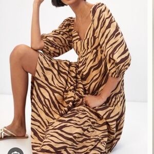 Anthropologie Tan & Brown Bustier Zebra Stripe Puff Sleeve Tiered Midi Dress S